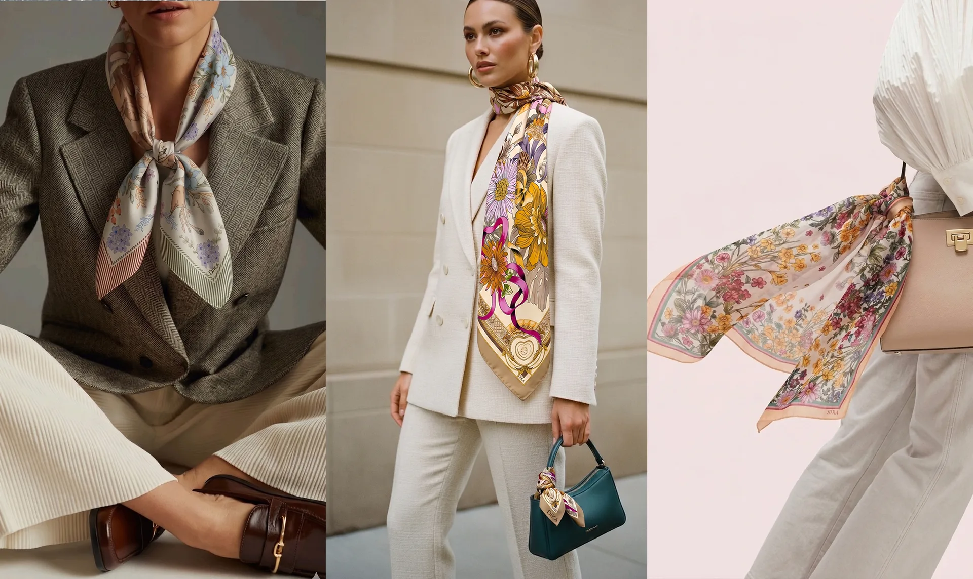 Different ways to tie a silk scarf around your neck – classic knot, elegant long drape, and loosely tied floral scarf styling.